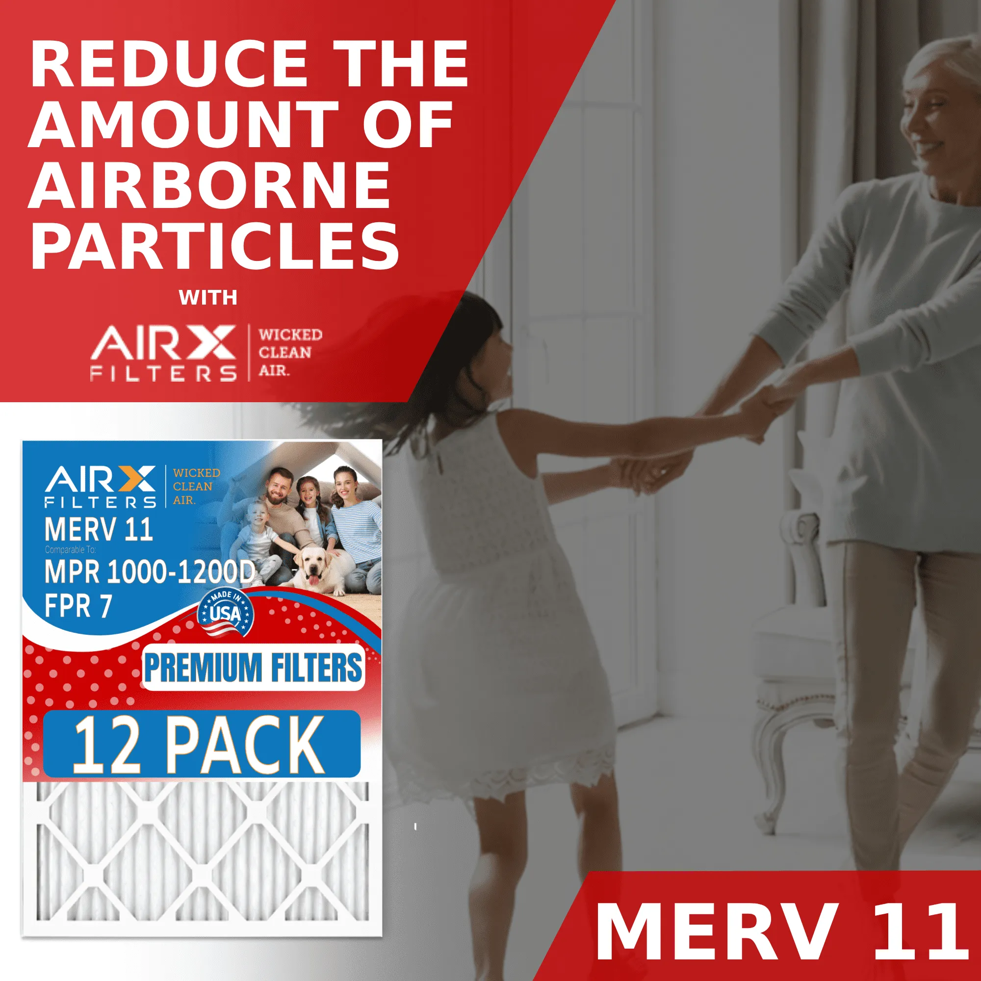 16x25x1 Air Filter MERV 11 Rating, 12 Pack of Furnace Filters Comparable to MPR 1000, MPR 1200 & FPR 7 - Made in USA by AIRX FILTERS WICKED CLEAN AIR.