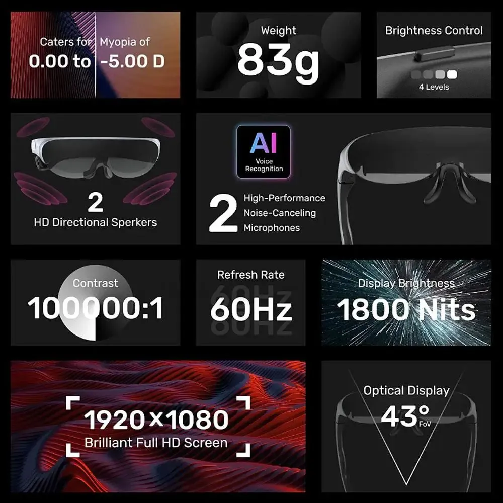 3D Pocket VR Smart AR Glasses 120" Screen 1080P OLED Dual Display 43°FoV 55PPD Home Game Viewing Device Glasses