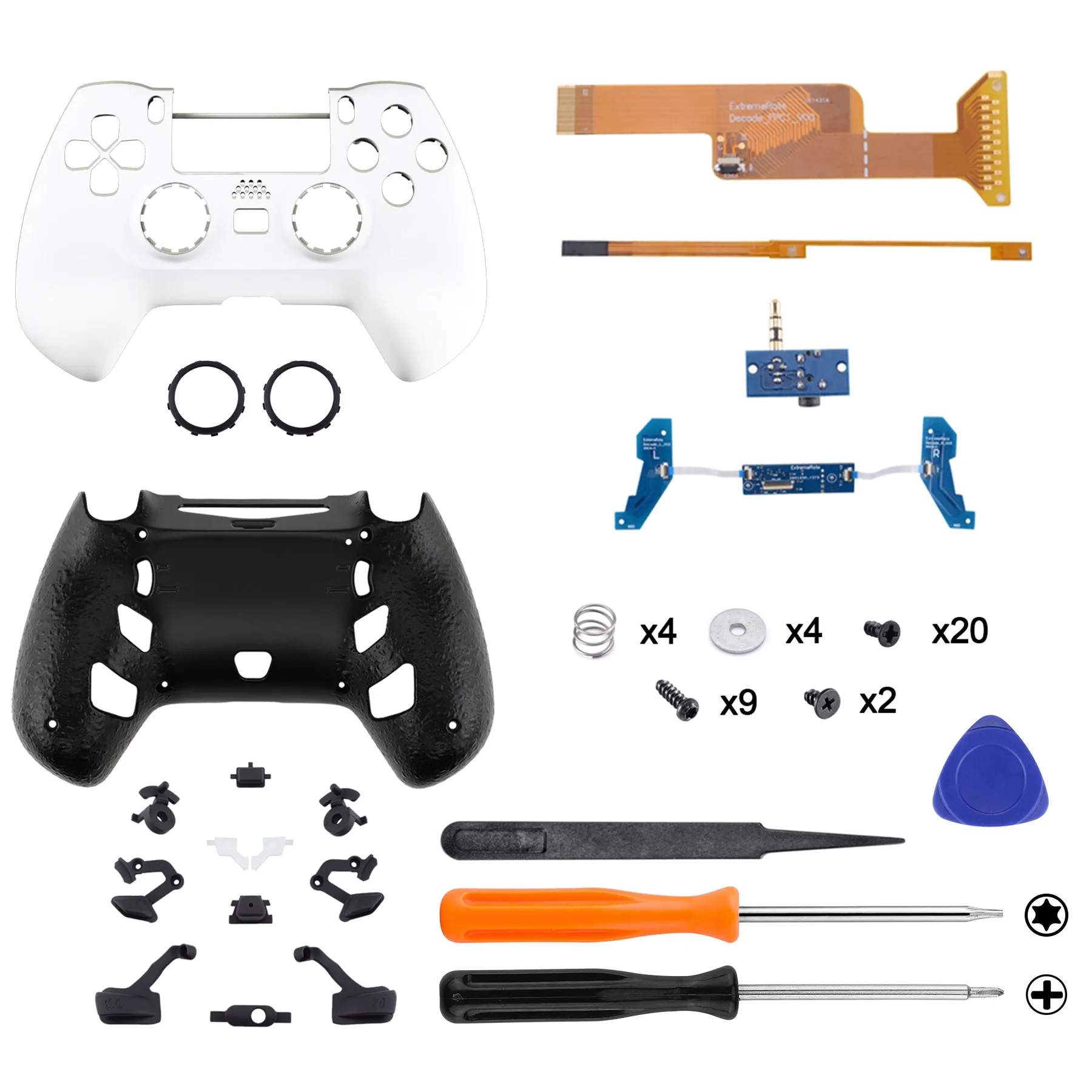 eXtremeRate White DECADE Tournament Controller (DTC) Upgrade Kit for PS4 Controller JDM-040/050/055, Upgrade Board & Ergonomic Shell & Back Buttons & Trigger Stops - Controller NOT Included - P4MG003