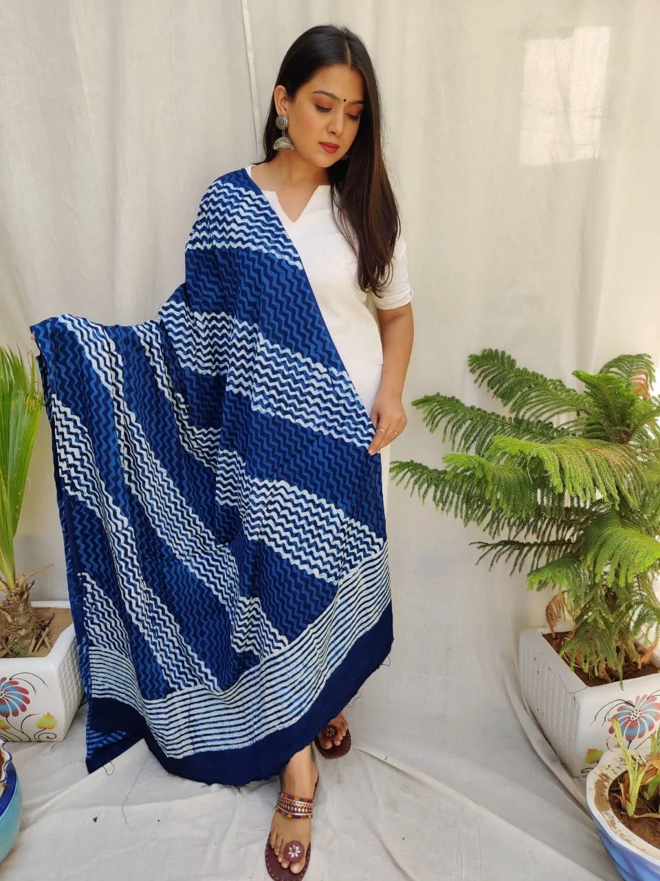 Indigo Hand BlockPrint Modal Satin Dupatta