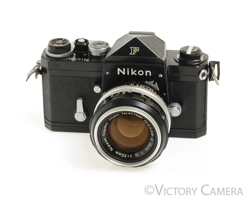 Nikon F Black Camera Body w Eye Level Prism & 50mm f1.4 Lens -Good Seals- [EX]