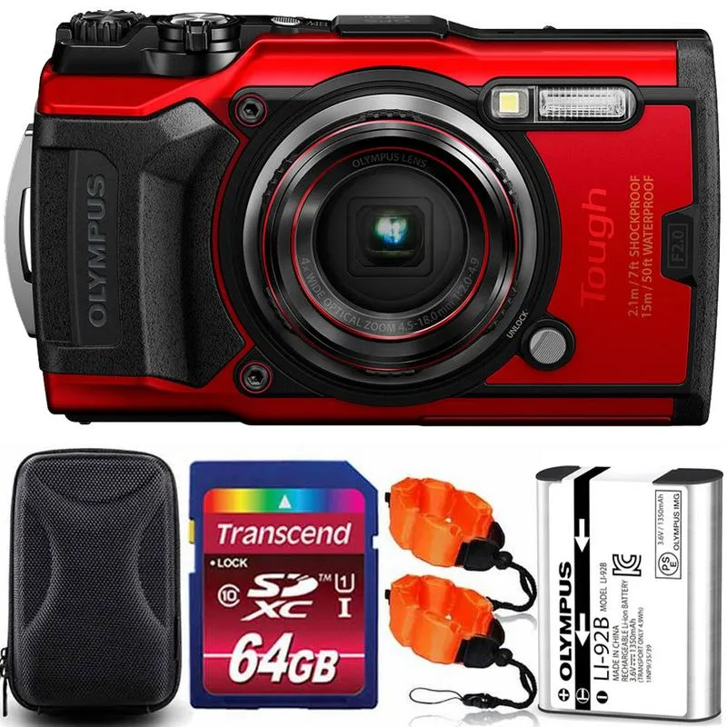 OLYMPUS Tough TG-6 12MP Waterproof W-Fi Digital Camera Red with 64GB Memory Card   Strap & Case