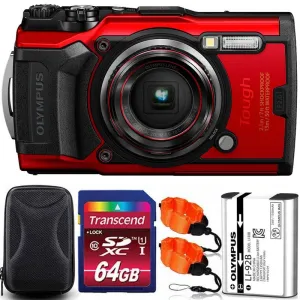 OLYMPUS Tough TG-6 12MP Waterproof W-Fi Digital Camera Red with 64GB Memory Card   Strap & Case